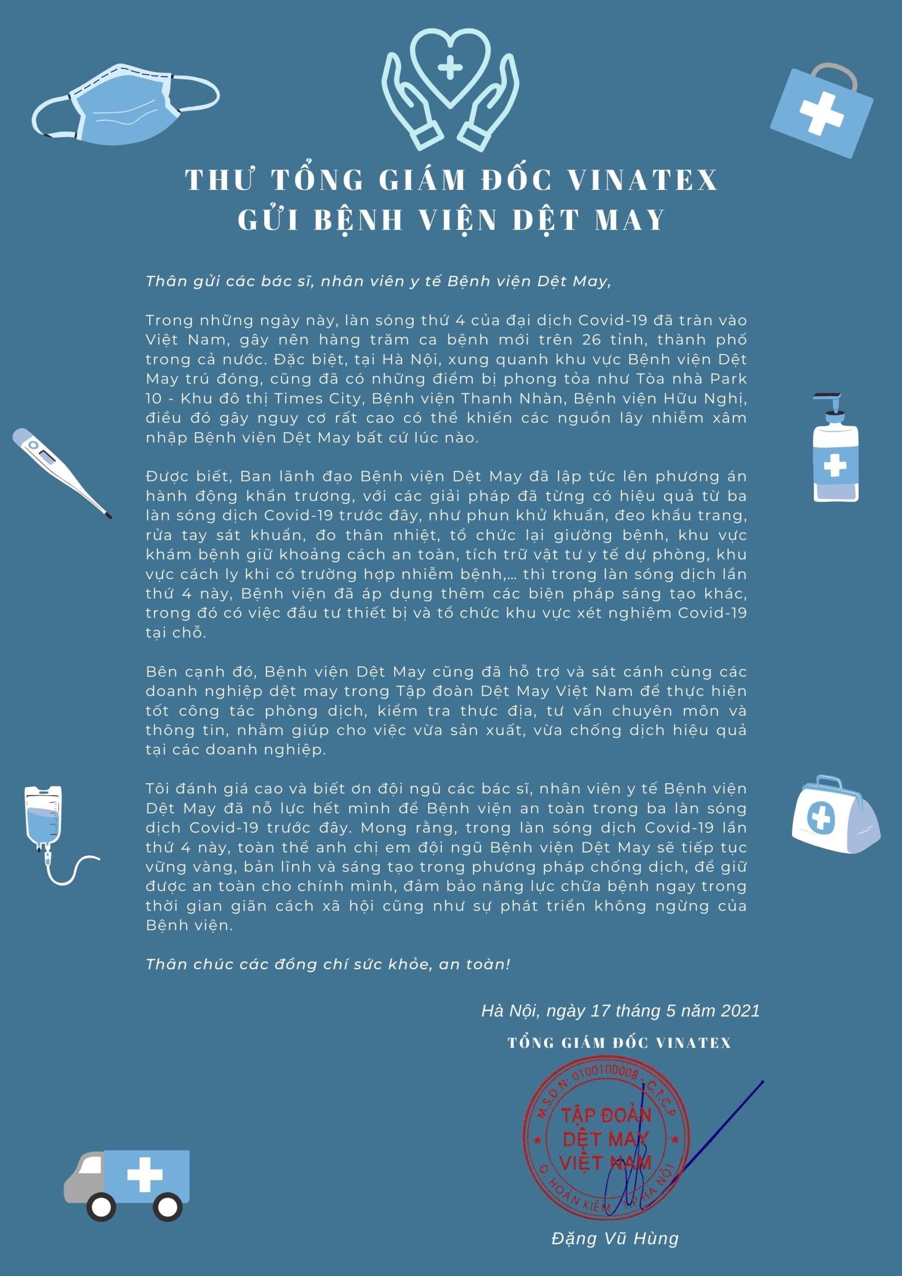 Thư Tổng Giám đốc Vinatex gửi Bệnh viện Dệt May