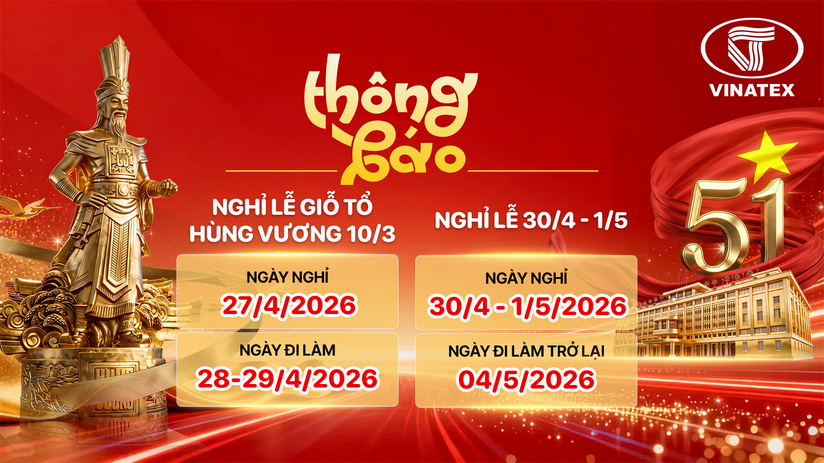 Thông báo nghỉ Lễ Giỗ Tổ Hùng Vương, 30/4 và 1/5