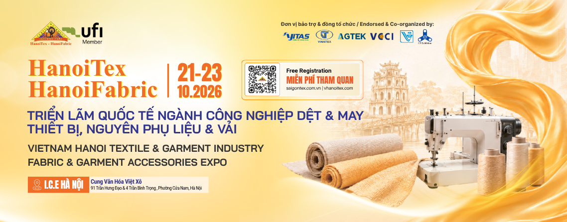 HanoiTex & HanoiFabric 2026 chính thức mở đăng ký tham quan 1 2026. HanoiTex Vinatex banner 1138 x 446