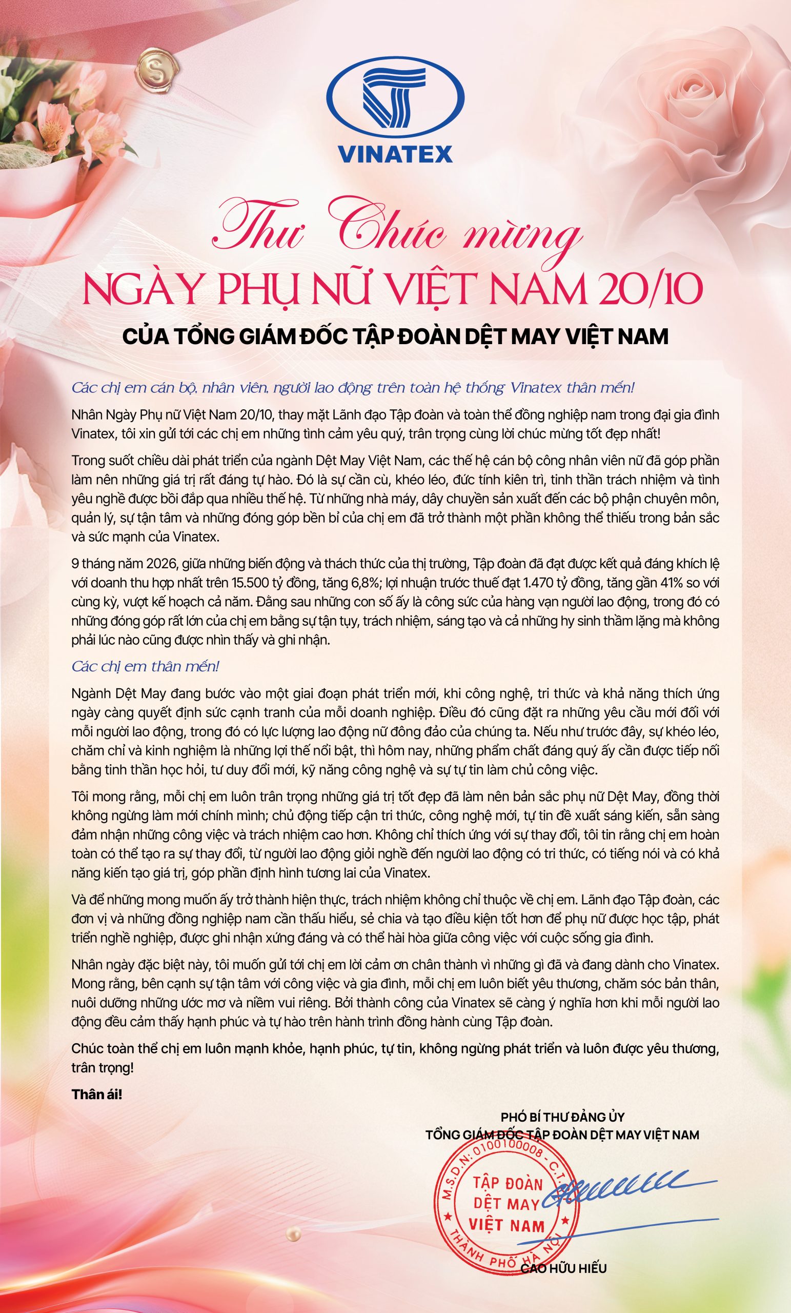 Thư chúc mừng ngày Phụ nữ Việt Nam 20/10 của Tổng Giám đốc Vinatex 1 2026. Thu Chuc mung 20.10.2026 v2 scaled