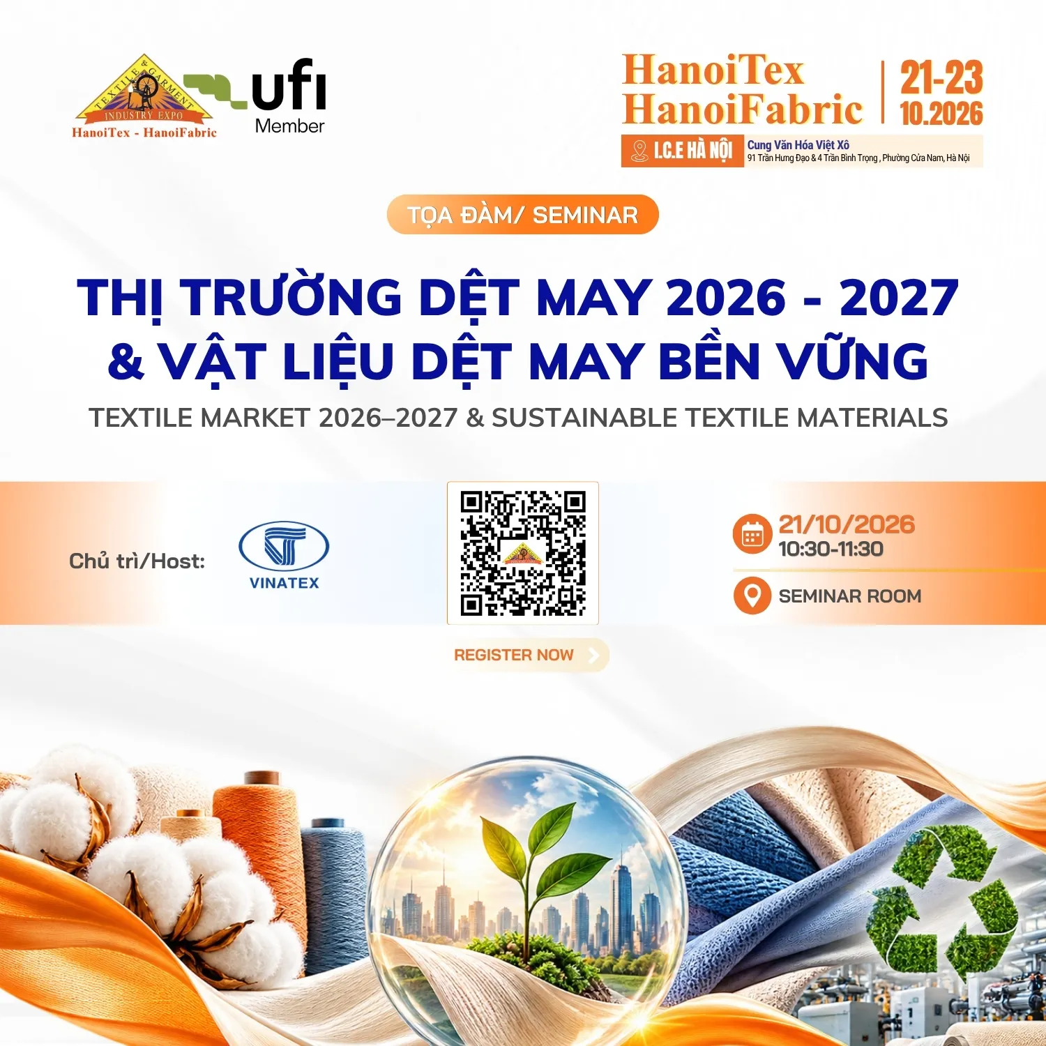 Thư mời tham quan và dự Hội thảo HanoiTex – HanoiFabric 2026 3 Banner Tong Quan Hoi Thao VINATEX HanoiTex 2026